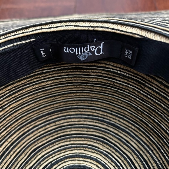 Papillon Extra Wide Brim Striped Sun Hat in Black and Tan, 100% Paper, OS - Picture 15 of 16